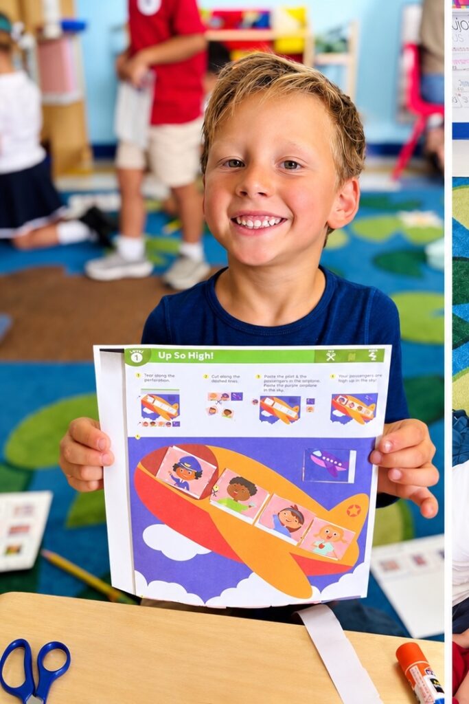 Kindergarten student proudly showing a cut-and-paste project