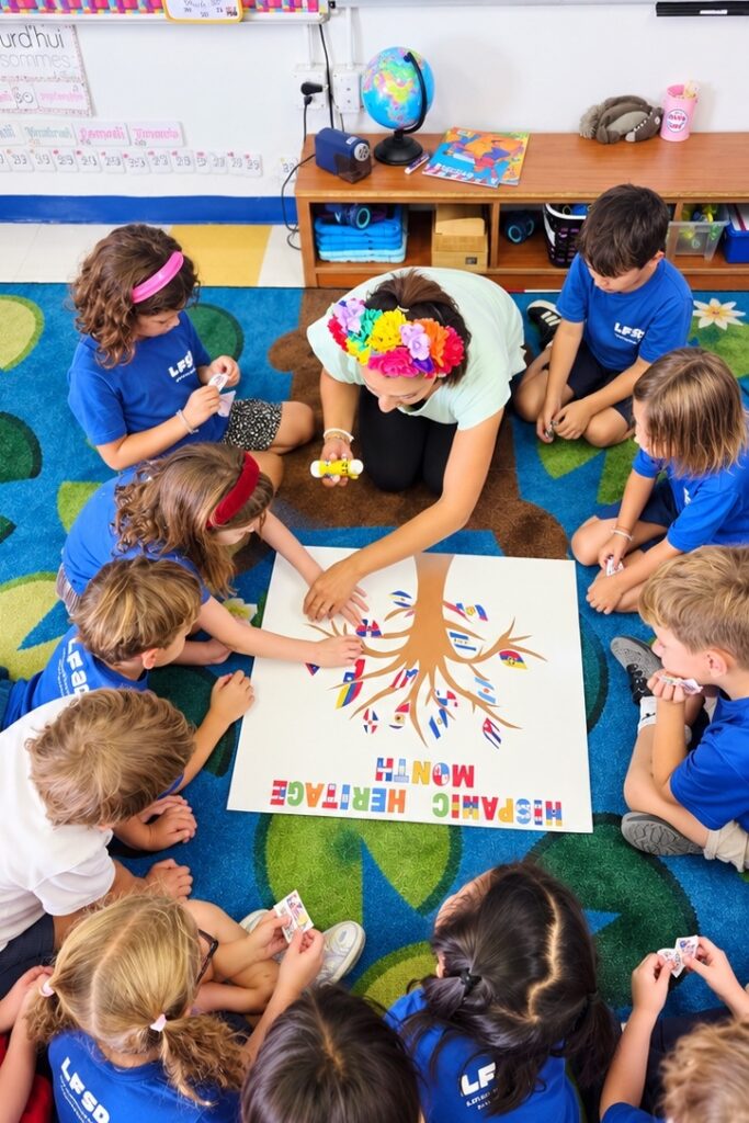Kindergarten class celebrating Hispanic Heritage Month with their teacher