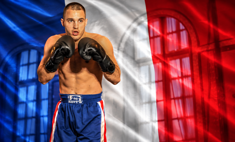 Boxeador invitado frente a la bandera francesa