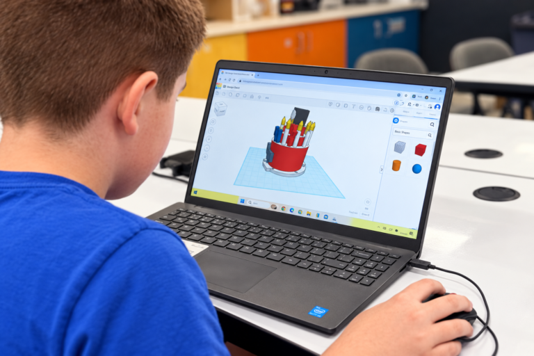 Élève de l’Upper School concevant un modèle 3D sur ordinateur